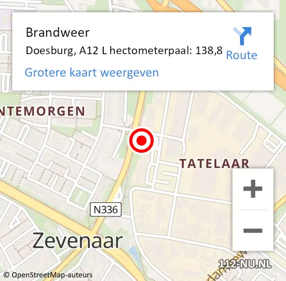 Locatie op kaart van de 112 melding: Brandweer Doesburg, A12 L hectometerpaal: 138,8 op 6 mei 2017 00:10