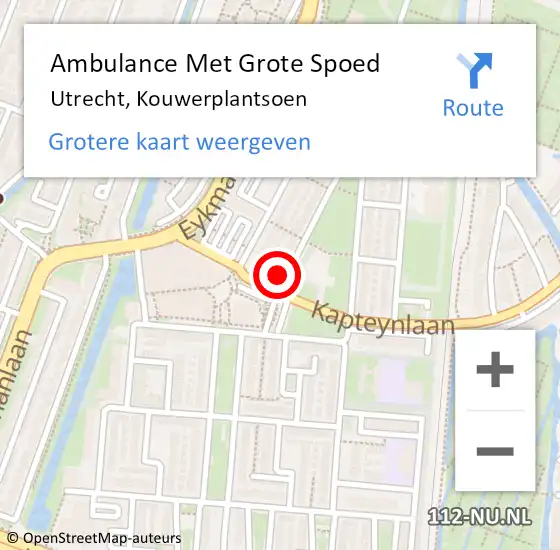 Locatie op kaart van de 112 melding: Ambulance Met Grote Spoed Naar Utrecht, Kouwerplantsoen op 7 mei 2017 16:50