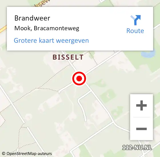 Locatie op kaart van de 112 melding: Brandweer Mook, Bracamonteweg op 8 mei 2017 18:28