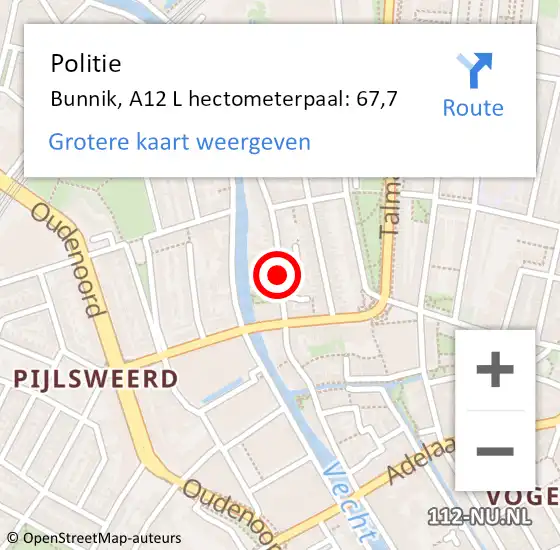 Locatie op kaart van de 112 melding: Politie Bunnik, A12 L hectometerpaal: 65,7 op 9 mei 2017 09:07