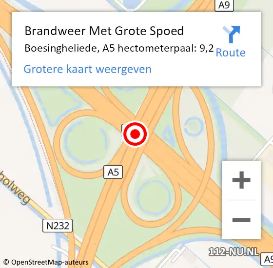 Locatie op kaart van de 112 melding: Brandweer Met Grote Spoed Naar Boesingheliede, A5 hectometerpaal: 9,2 op 9 mei 2017 17:38