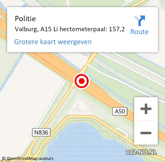 Locatie op kaart van de 112 melding: Politie Valburg, A15 L hectometerpaal: 154,1 op 9 mei 2017 19:44