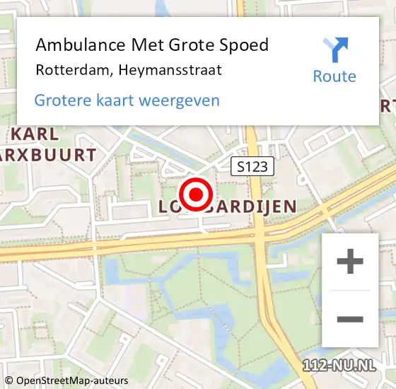 Locatie op kaart van de 112 melding: Ambulance Met Grote Spoed Naar Rotterdam, Heymansstraat op 10 mei 2017 03:25