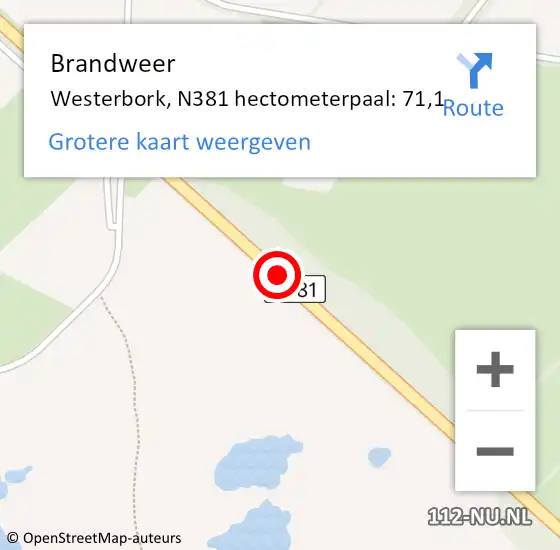 Locatie op kaart van de 112 melding: Brandweer Westerbork, N381 hectometerpaal: 71,1 op 11 mei 2017 14:43