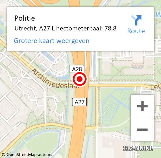 Locatie op kaart van de 112 melding: Politie Utrecht, A27 R hectometerpaal: 77,6 op 11 mei 2017 15:36