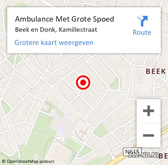 Locatie op kaart van de 112 melding: Ambulance Met Grote Spoed Naar Beek en Donk, Kamillestraat op 12 mei 2017 07:45