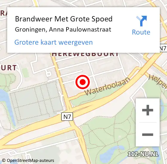 Locatie op kaart van de 112 melding: Brandweer Met Grote Spoed Naar Groningen, Anna Paulownastraat op 12 mei 2017 19:52