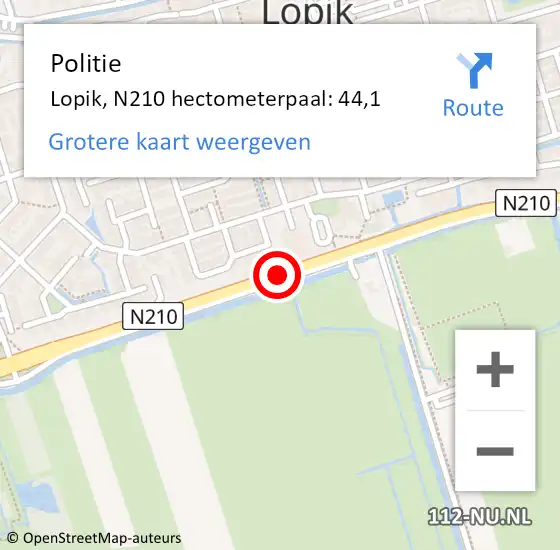 Locatie op kaart van de 112 melding: Politie Lopik, N210 hectometerpaal: 44,1 op 13 mei 2017 13:39