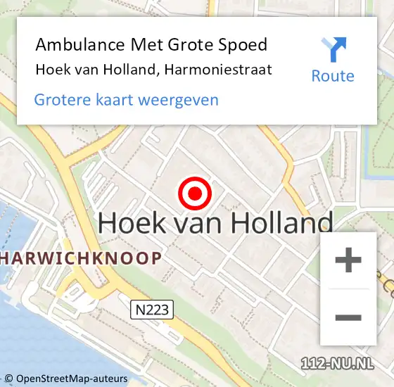 Locatie op kaart van de 112 melding: Ambulance Met Grote Spoed Naar Hoek van Holland, Harmoniestraat op 13 mei 2017 15:01