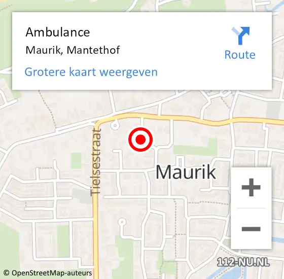 Locatie op kaart van de 112 melding: Ambulance Maurik, Mantethof op 14 mei 2017 13:53