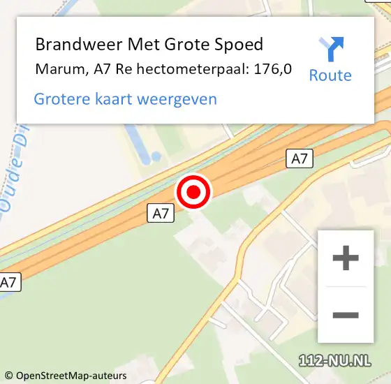 Locatie op kaart van de 112 melding: Brandweer Met Grote Spoed Naar Marum, A7 R hectometerpaal: 174,3 op 14 mei 2017 14:16