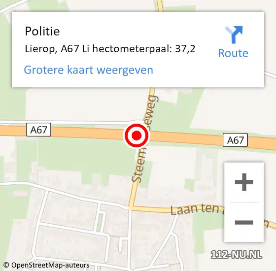 Locatie op kaart van de 112 melding: Politie Lierop, A67 Li hectometerpaal: 36,4 op 15 mei 2017 08:25