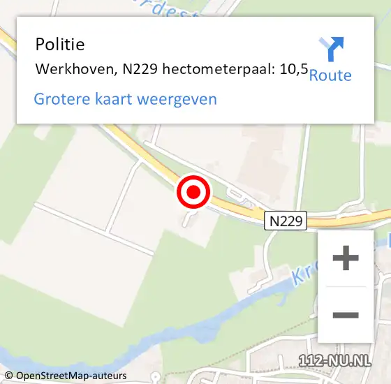 Locatie op kaart van de 112 melding: Politie Werkhoven, N229 hectometerpaal: 10,5 op 18 mei 2017 15:11