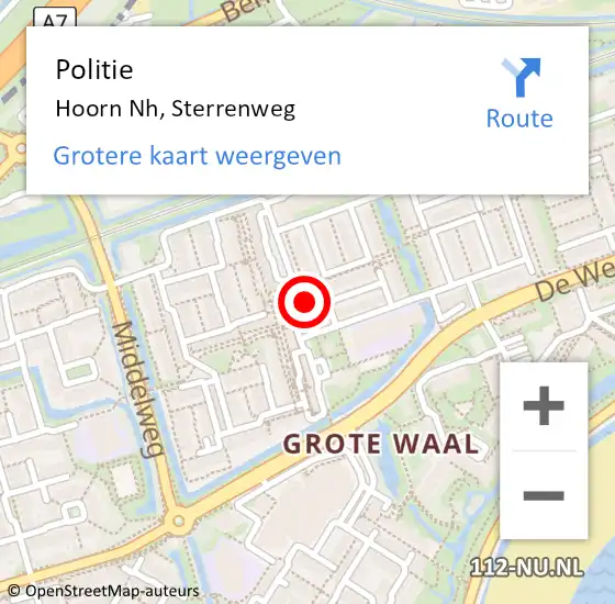 Locatie op kaart van de 112 melding: Politie Hoorn Nh, Sterrenweg op 19 mei 2017 09:46