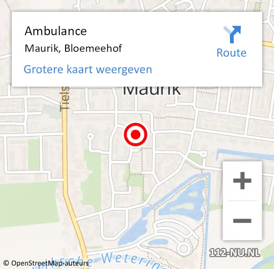 Locatie op kaart van de 112 melding: Ambulance Maurik, Bloemeehof op 19 mei 2017 20:19