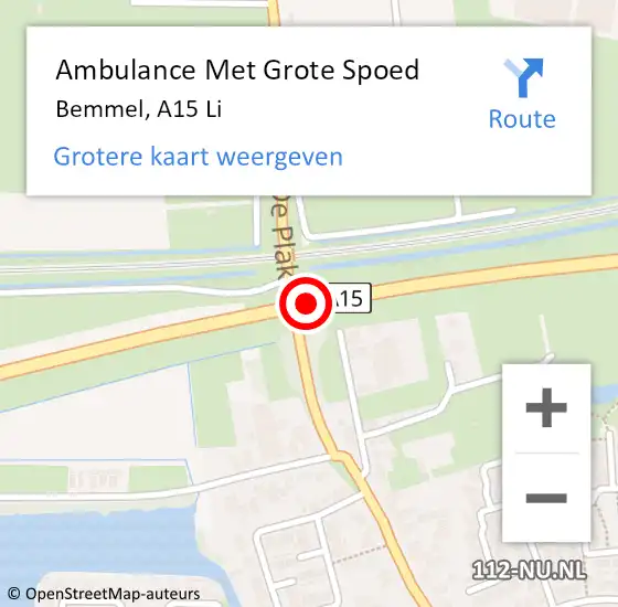 Locatie op kaart van de 112 melding: Ambulance Met Grote Spoed Naar Bemmel, A15 R op 22 mei 2017 18:09