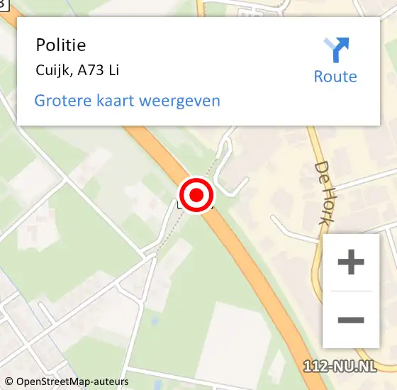 Locatie op kaart van de 112 melding: Politie Cuijk, A73 Li hectometerpaal: 88,4 op 23 mei 2017 01:49