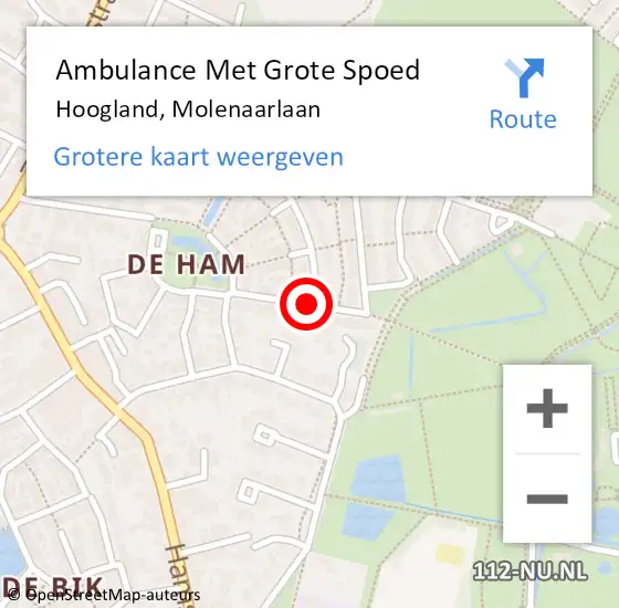 Locatie op kaart van de 112 melding: Ambulance Met Grote Spoed Naar Hoogland, Molenaarlaan op 23 mei 2017 08:23