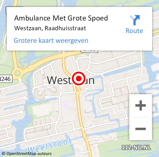 Locatie op kaart van de 112 melding: Ambulance Met Grote Spoed Naar Westzaan, Raadhuisstraat op 24 mei 2017 07:00