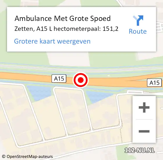 Locatie op kaart van de 112 melding: Ambulance Met Grote Spoed Naar Zetten, A15 L hectometerpaal: 151,2 op 24 mei 2017 14:28