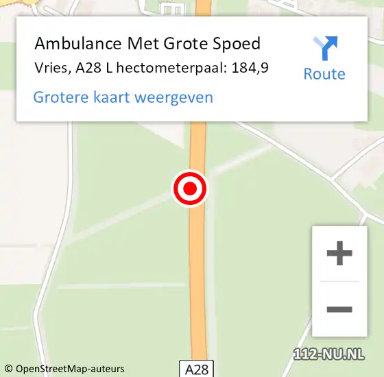 Locatie op kaart van de 112 melding: Ambulance Met Grote Spoed Naar Vries, A28 L hectometerpaal: 184,9 op 24 mei 2017 15:37