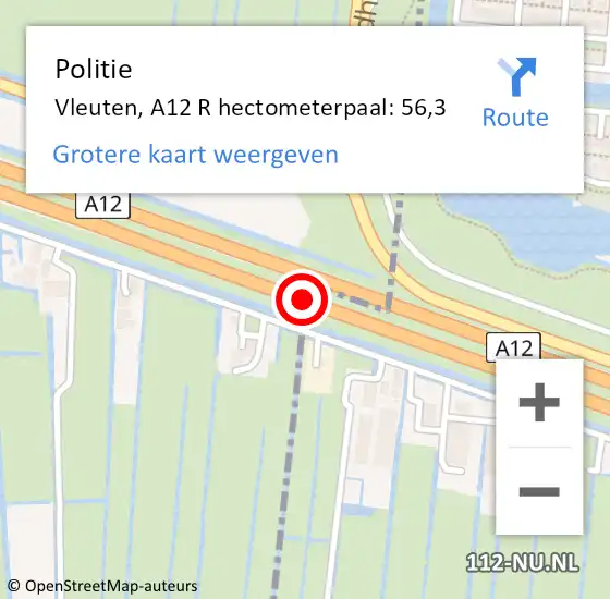 Locatie op kaart van de 112 melding: Politie Vleuten, A12 R hectometerpaal: 56,3 op 24 mei 2017 21:16