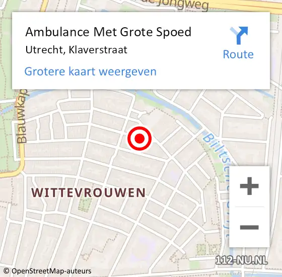 Locatie op kaart van de 112 melding: Ambulance Met Grote Spoed Naar Utrecht, Klaverstraat op 25 mei 2017 01:28