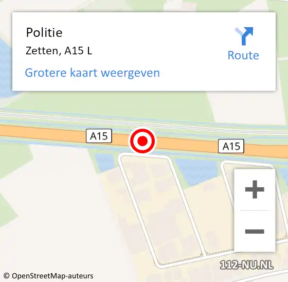 Locatie op kaart van de 112 melding: Politie Zetten, A15 L op 25 mei 2017 19:14