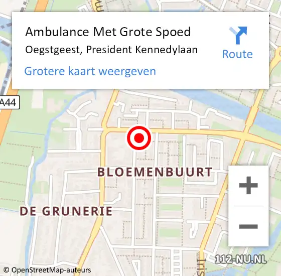 Locatie op kaart van de 112 melding: Ambulance Met Grote Spoed Naar Oegstgeest, President Kennedylaan op 25 mei 2017 19:57