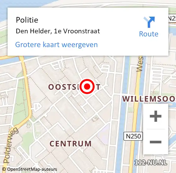 Locatie op kaart van de 112 melding: Politie Den Helder, 1e Vroonstraat op 26 mei 2017 17:13