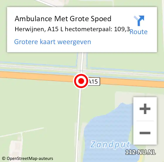 Locatie op kaart van de 112 melding: Ambulance Met Grote Spoed Naar Herwijnen, A15 R hectometerpaal: 109,0 op 27 mei 2017 09:20