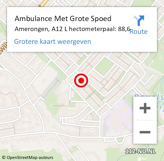 Locatie op kaart van de 112 melding: Ambulance Met Grote Spoed Naar Amerongen, A12 L hectometerpaal: 88,6 op 28 mei 2017 14:13