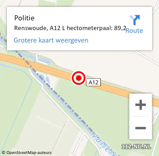 Locatie op kaart van de 112 melding: Politie Renswoude, A12 L hectometerpaal: 89,6 op 28 mei 2017 14:17