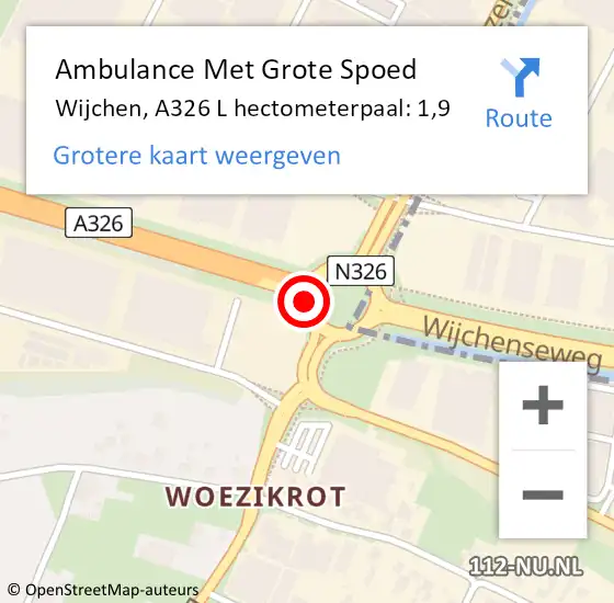Locatie op kaart van de 112 melding: Ambulance Met Grote Spoed Naar Wijchen, A326 hectometerpaal: 1,5 op 29 mei 2017 08:40