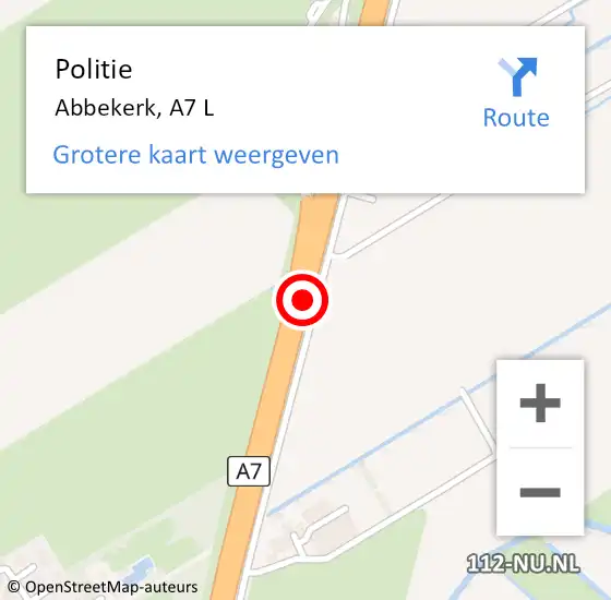 Locatie op kaart van de 112 melding: Politie Abbekerk, A7 L op 29 mei 2017 13:20