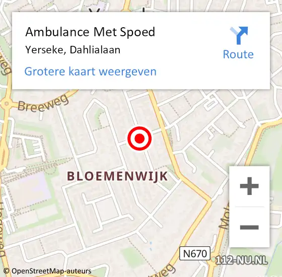 Locatie op kaart van de 112 melding: Ambulance Met Spoed Naar Yerseke, Dahlialaan op 30 mei 2017 09:45