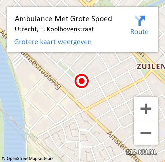 Locatie op kaart van de 112 melding: Ambulance Met Grote Spoed Naar Utrecht, F. Koolhovenstraat op 1 juni 2017 06:16