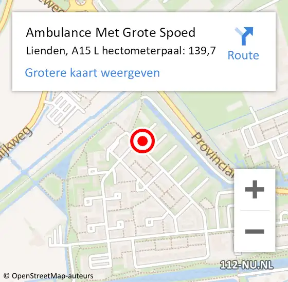 Locatie op kaart van de 112 melding: Ambulance Met Grote Spoed Naar Lienden, A15 L hectometerpaal: 139,7 op 1 juni 2017 07:57