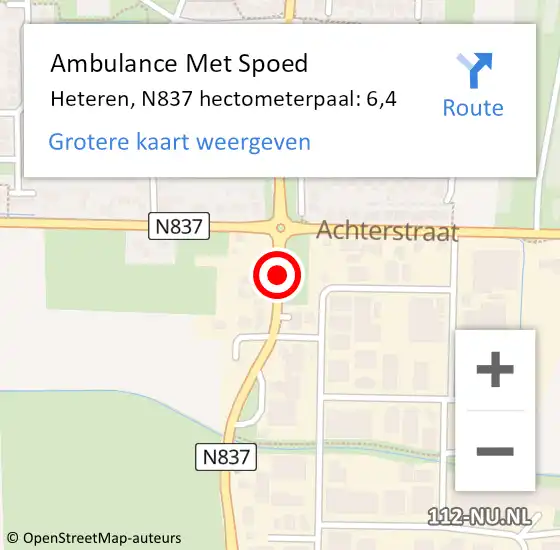 Locatie op kaart van de 112 melding: Ambulance Met Spoed Naar Heteren, N837 hectometerpaal: 6,4 op 1 juni 2017 09:29
