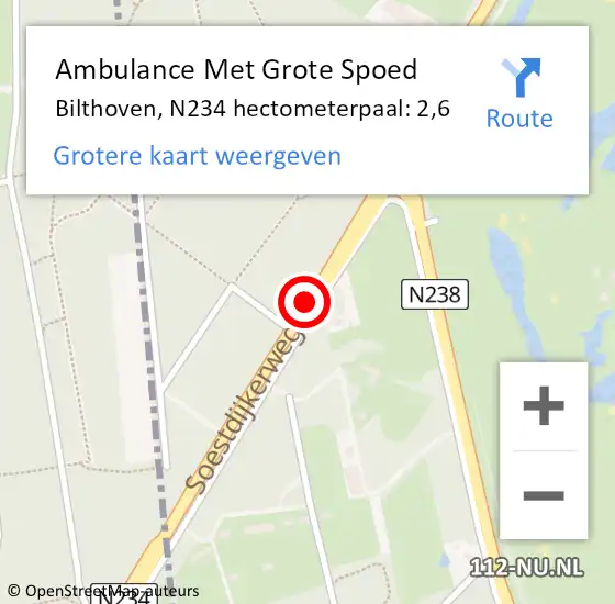 Locatie op kaart van de 112 melding: Ambulance Met Grote Spoed Naar Bilthoven, N234 hectometerpaal: 2,6 op 1 juni 2017 13:37