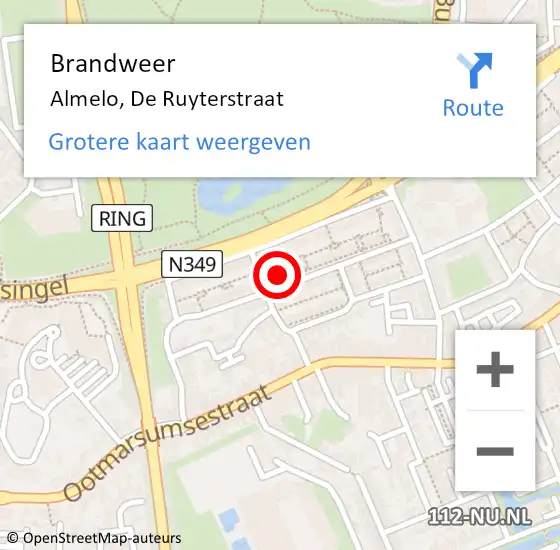 Locatie op kaart van de 112 melding: Brandweer Almelo, De Ruyterstraat op 2 juni 2017 09:20
