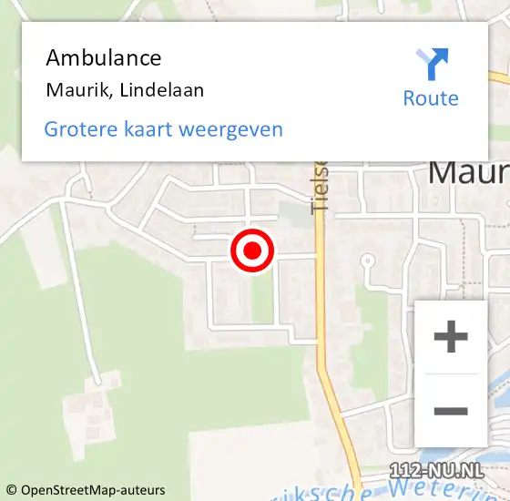 Locatie op kaart van de 112 melding: Ambulance Maurik, Lindelaan op 2 juni 2017 12:27