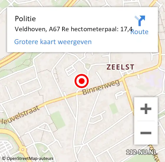 Locatie op kaart van de 112 melding: Politie Veldhoven, A67 Re hectometerpaal: 16,1 op 2 juni 2017 19:11