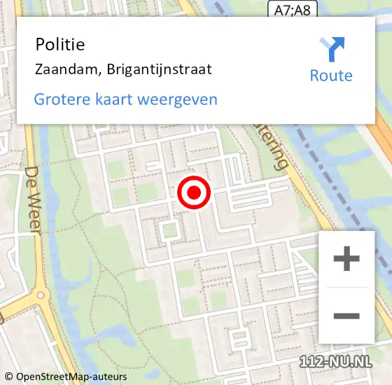 Locatie op kaart van de 112 melding: Politie Zaandam, Brigantijnstraat op 2 juni 2017 21:29