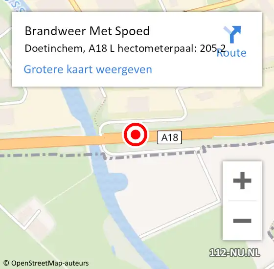 Locatie op kaart van de 112 melding: Brandweer Met Spoed Naar Doetinchem, A18 L hectometerpaal: 205,2 op 4 juni 2017 09:03