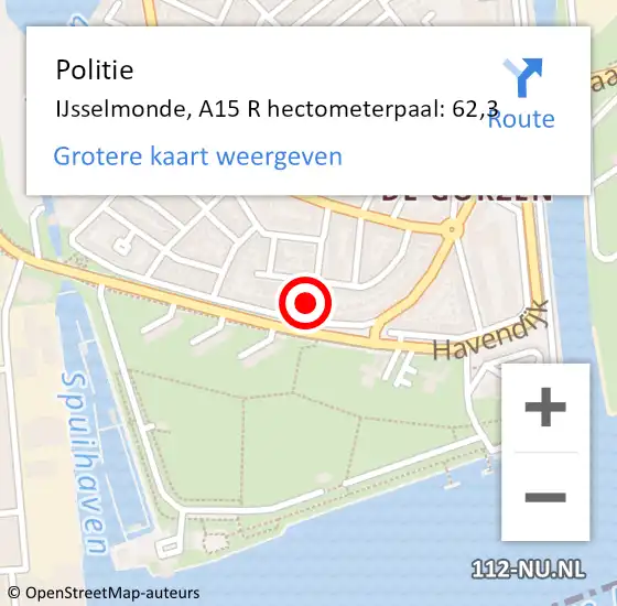 Locatie op kaart van de 112 melding: Politie IJsselmonde, A15 R hectometerpaal: 62,3 op 4 juni 2017 10:26