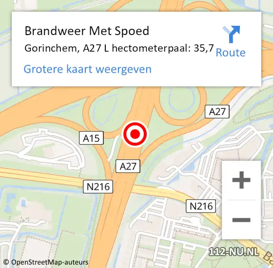 Locatie op kaart van de 112 melding: Brandweer Met Spoed Naar Gorinchem, A27 R hectometerpaal: 37,0 op 5 juni 2017 19:57