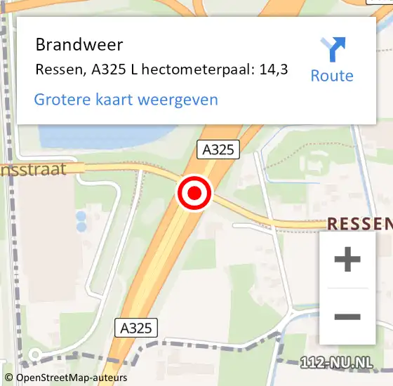 Locatie op kaart van de 112 melding: Brandweer Ressen, A325 L hectometerpaal: 14,3 op 7 juni 2017 21:06