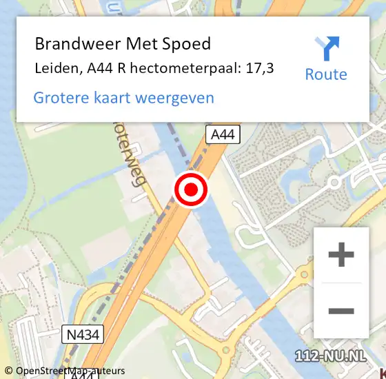 Locatie op kaart van de 112 melding: Brandweer Met Spoed Naar Leiden, A44 R hectometerpaal: 17,7 op 8 juni 2017 11:35