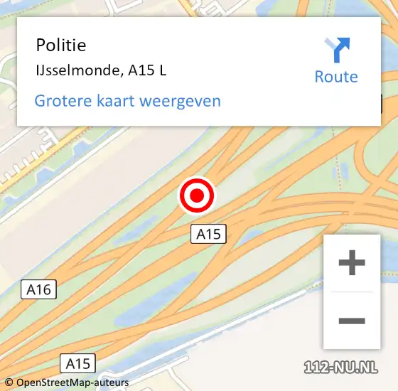 Locatie op kaart van de 112 melding: Politie IJsselmonde, A15 L op 8 juni 2017 16:57